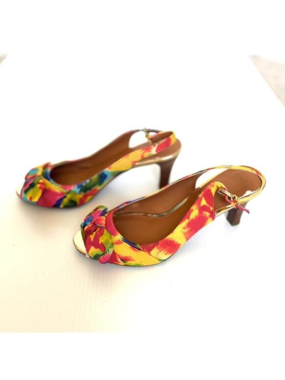 Etienne Aigner Heels Slingback Floral Peep Toe Gold Trim Women’s 5.5 Shop Worn - Picture 5 of 9